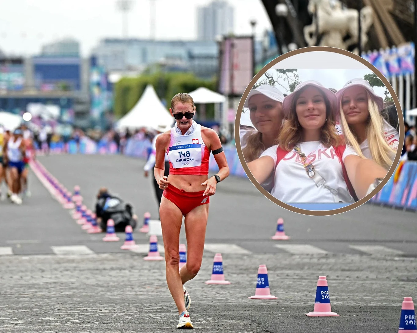 Olga Chojecka na trasie chodu. W ramce dopingująca Katarzyna Zdziebło