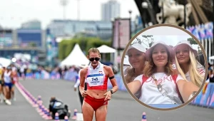 Olga Chojecka na trasie chodu. W ramce dopingująca Katarzyna Zdziebło