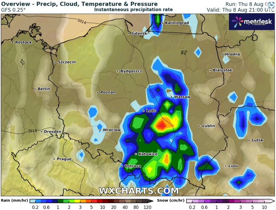 Alerty IMGW drugiego stopnia dotyczące burz obejmują województwa: świętokrzyskie, małopolskie i częściowo śląskie oraz podkarpackie