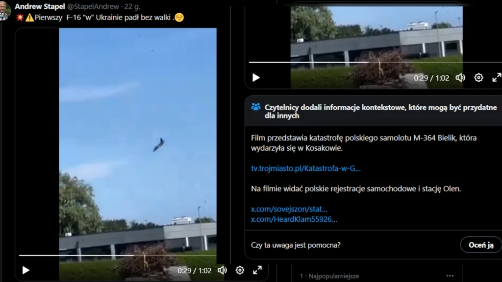 Fejkowy post o pierwszej stracie F-16 na Ukrainie