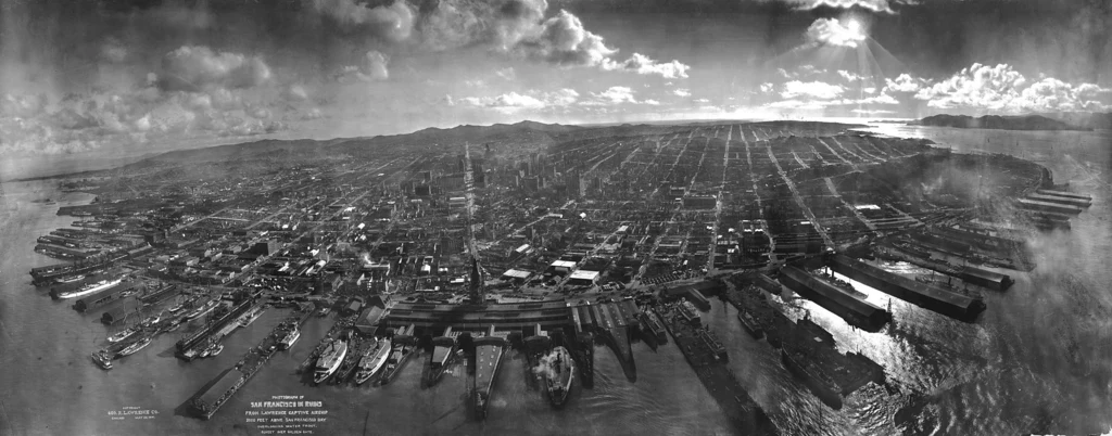 Fotografia powietrzna ukazująca zrujnowane po trzęsieniu ziemi San Francisco. To jedno ze zdjęć, które przyniosły Lawrence'owi światową sławę i pokaźną fortunę.