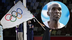 Eliud Kipchoge (na małym zdj.) nie ukończył olimpijskiego maratonu w Paryżu