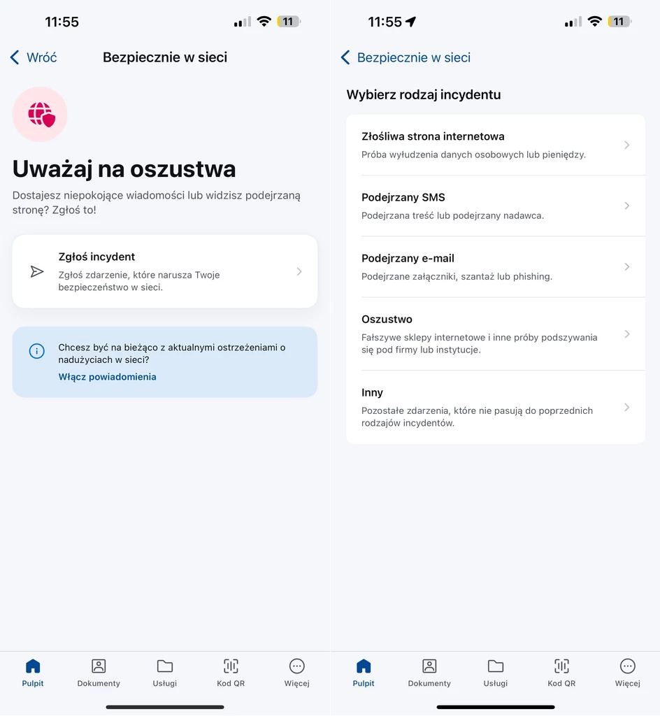 Funkcja Bezpiecznie w sieci z aplikacji mObywatel pozwala zgłaszać incydenty.