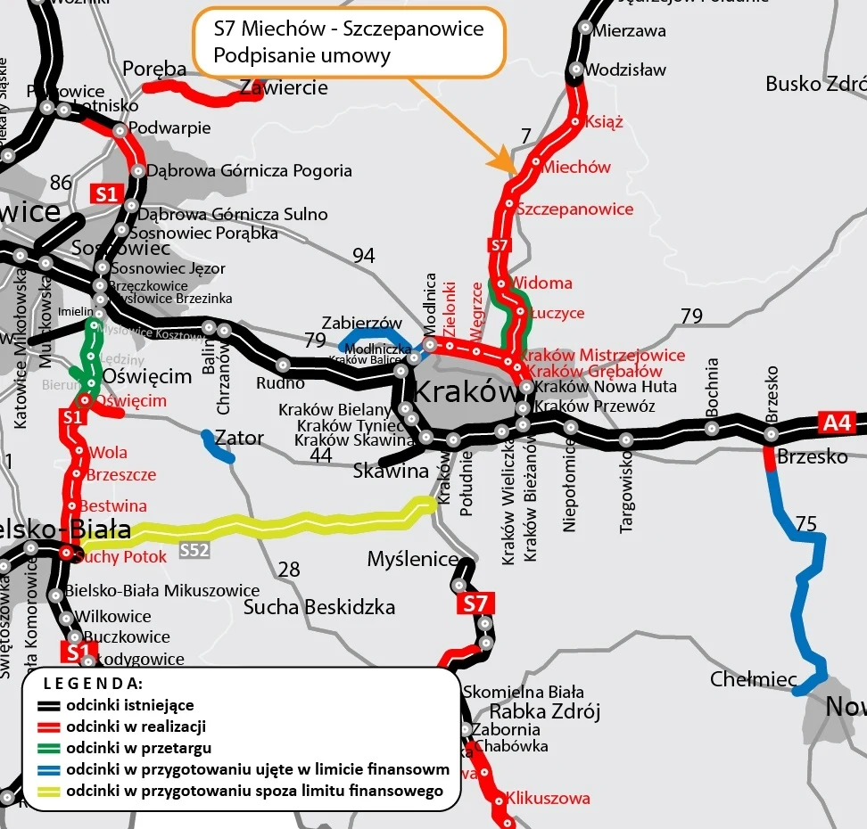 Nowe odcinki drogi S7 - mapa