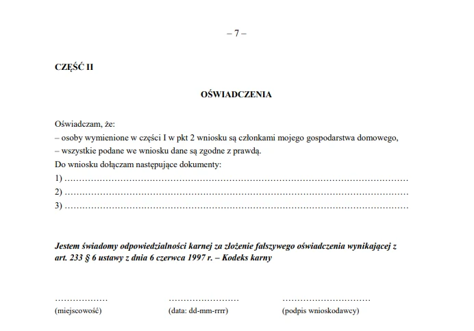 Druga część dokumentu zawiera oświadczenia wnioskodawcy. Druga część dokumentu zawiera oświadczenia wnioskodawcy.
