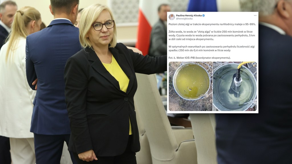 Minister Paulina Hennig-Kloska udostępniła w internecie zdjęcie, które obrazuje wyniki eksperymentu z wpuszczaniem perhydrolu do wód skażonych złotymi algami