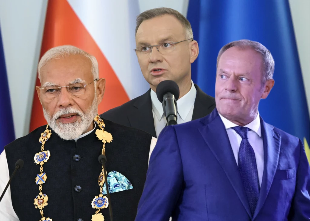 Narendra Modi w Warszawie. U góry prezydent Andrzej Duda oraz premier Donald Tusk