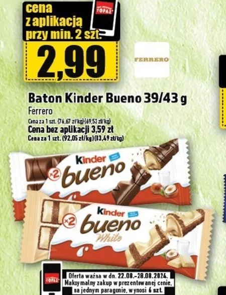 Kinder Bueno White Wafel pokryty białą czekoladą wypełniony nadzieniem 39 g (2 sztuki)