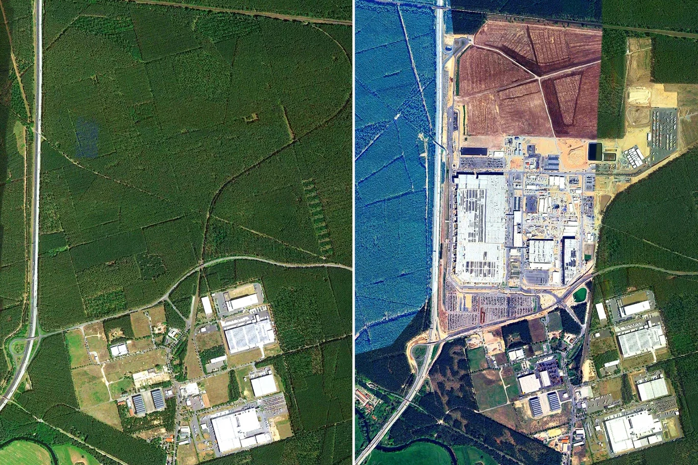 Teren fabryki Tesli w Niemczech w 2019 i 2023 r. / Fot. TheGuardian @Google Earth