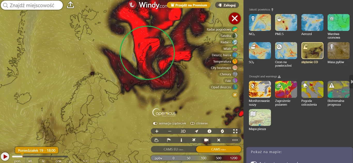 Stężenie tlenku węgla pokazywane w Windy 19 sierpnia. Archipelag Nowa Ziemia zaznaczony zielonym okręgiem Stężenie tlenku węgla pokazywane w Windy 19 sierpnia. Archipelag Nowa Ziemia zaznaczony zielonym okręgiem