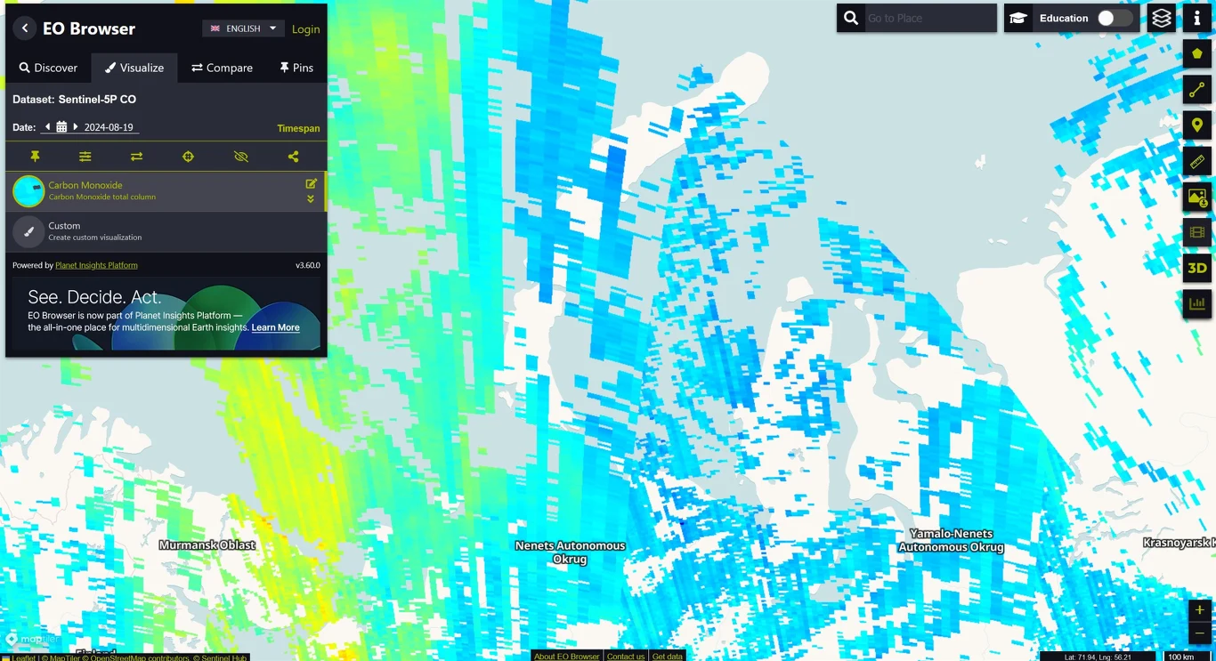 "Surowe" dane satelity Sentinel o tlenku węgla 19 sierpnia. Widoczne luki na mapie "Surowe" dane satelity Sentinel o tlenku węgla 19 sierpnia. Widoczne luki na mapie