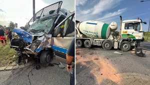 Zderzenie betoniarki i radiowozu na ulicy Nowoursynowskiej w Warszawie