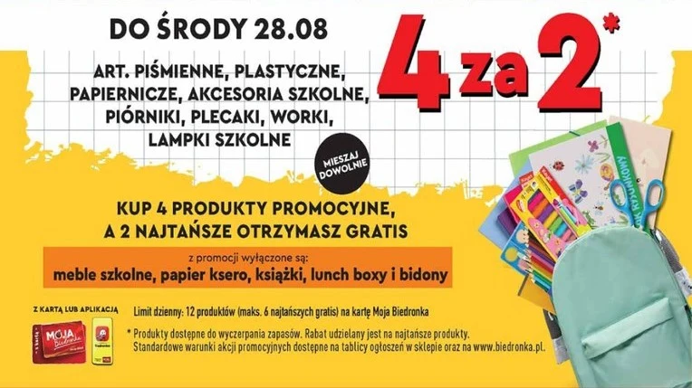 Artykuły szkolne 4 za 2 w Biedronce