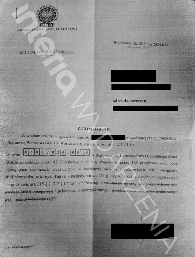 Zawiadomienie, które Departament Bezpieczeństwa CBA wysłał do pełnomocnika Romańczuka