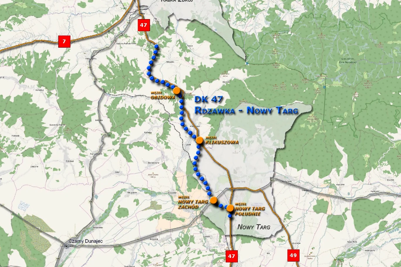 Lokalizacja DK 47 Rabka Zdrój - Zakopane na odcinku Rdzawka - Nowy Targ 