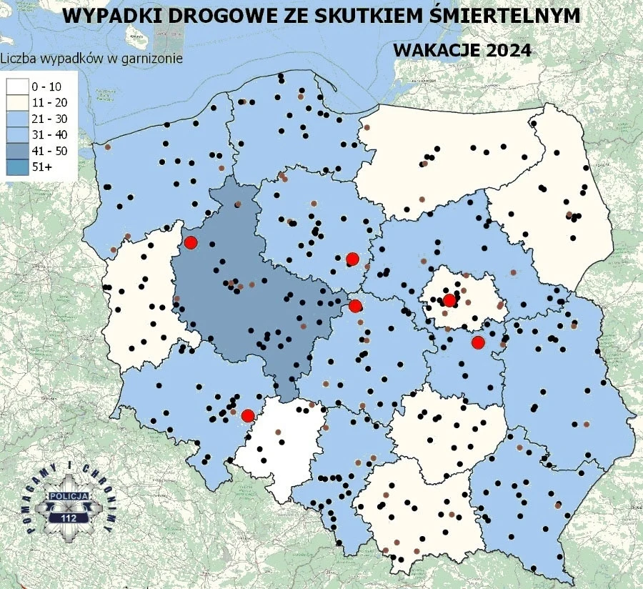 Liczba wypadków drogowych w wakacje 2024 Liczba wypadków drogowych w wakacje 2024