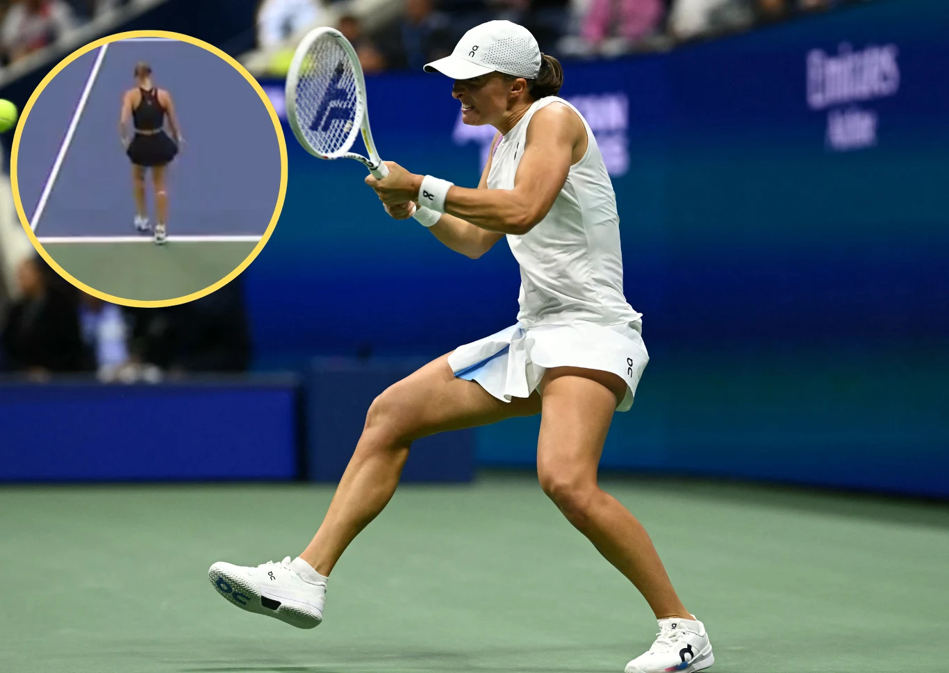 Iga Świątek pod koniec seta posłała piłkę, na którą Ludmiła Samsonowa (w kółeczku) nawet nie zareagowała Iga Świątek pod koniec seta posłała piłkę, na którą Ludmiła Samsonowa (w kółeczku) nawet nie zareagowała