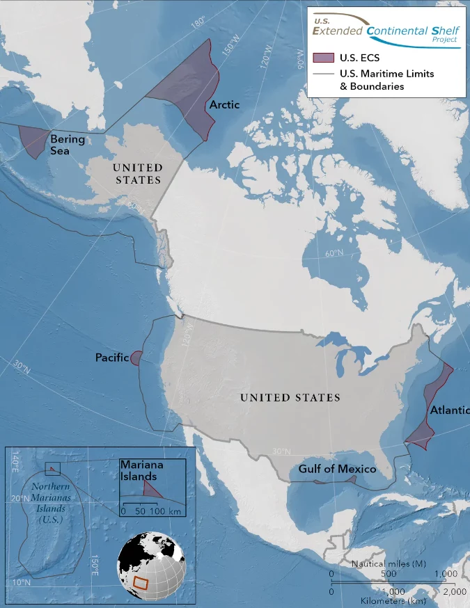 Mapa przedstawiająca Rozszerzony Szelf Kontynentalny Stanów Zjednoczonych (ECS)