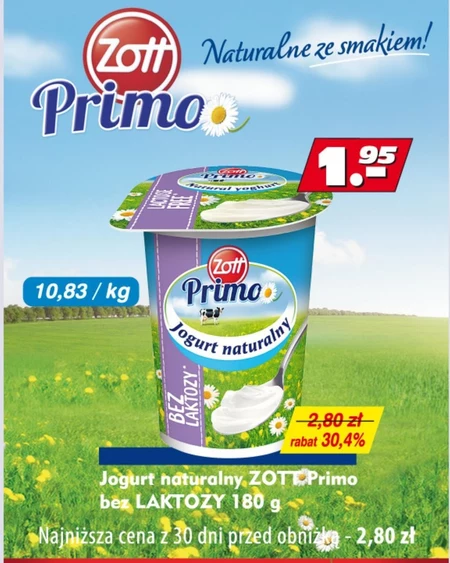 Zott Primo Bez laktozy Jogurt naturalny 180 g