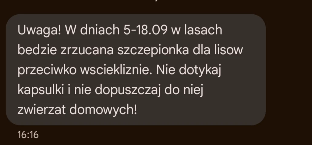 Alert RCB o szczepionkach dla lisów trafił do mieszkańców kilku województw.