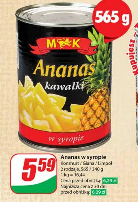 MK Ananas kawałki w lekkim syropie 565 g