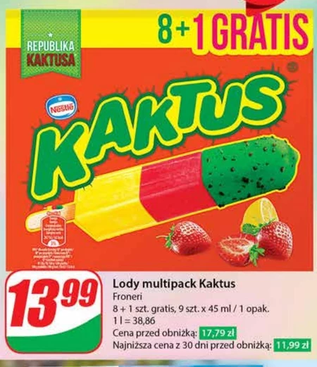 Kaktus Lody wodne o smaku cytrynowym i sorbet truskawkowy 405 ml (9 sztuk)