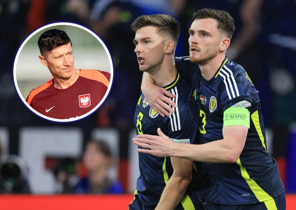 Na zdjęciu kapitan reprezentacji Polski Robert Lewandowski oraz zawodnicy ze Szkocji - Kieran Tierney i Andrew Robertson Na zdjęciu kapitan reprezentacji Polski Robert Lewandowski oraz zawodnicy ze Szkocji - Kieran Tierney i Andrew Robertson