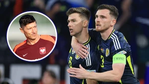 Na zdjęciu kapitan reprezentacji Polski Robert Lewandowski oraz zawodnicy ze Szkocji - Kieran Tierney i Andrew Robertson