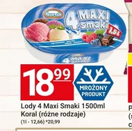 Koral 4 Maxi smaki Lody śmietankowe owoce leśne malinowe czekoladowe 1,5 l