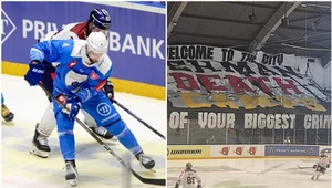  Zawodnik Re-Plast Unii Oświęcim Peter Bezuska. W ramce baner, jaki pojawił się w trakcie meczu z Eisbaeren Berlin
