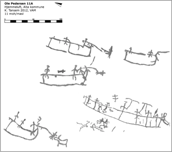 Rzeźby możliwych łodzi skórzanych ze skał w Norwegii. Odrysowane przez Karin Tansem dla Alta Museum Rzeźby możliwych łodzi skórzanych ze skał w Norwegii. Odrysowane przez Karin Tansem dla Alta Museum