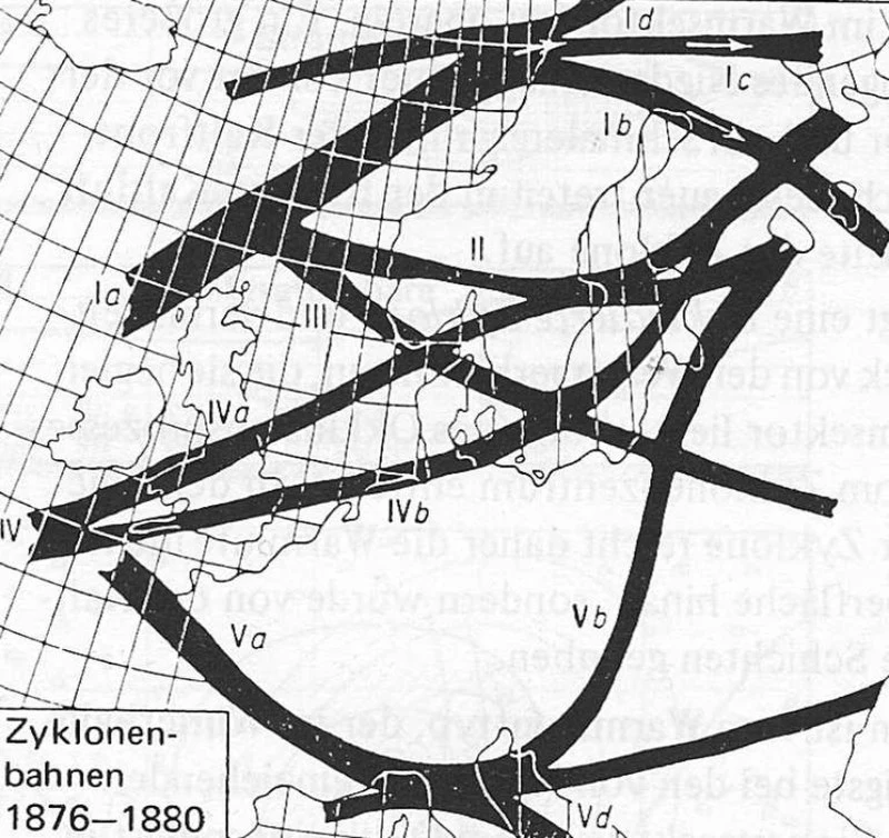 Tory niżów nad Europą według W. Van Bebbera źródło: Van Bebber W. J.: Die Zugstrassen der barometrischen Minima. In: Meteorologische Zeitschrift 8 (1891) Tory niżów nad Europą według W. Van Bebbera źródło: Van Bebber W. J.: Die Zugstrassen der barometrischen Minima. In: Meteorologische Zeitschrift 8 (1891)