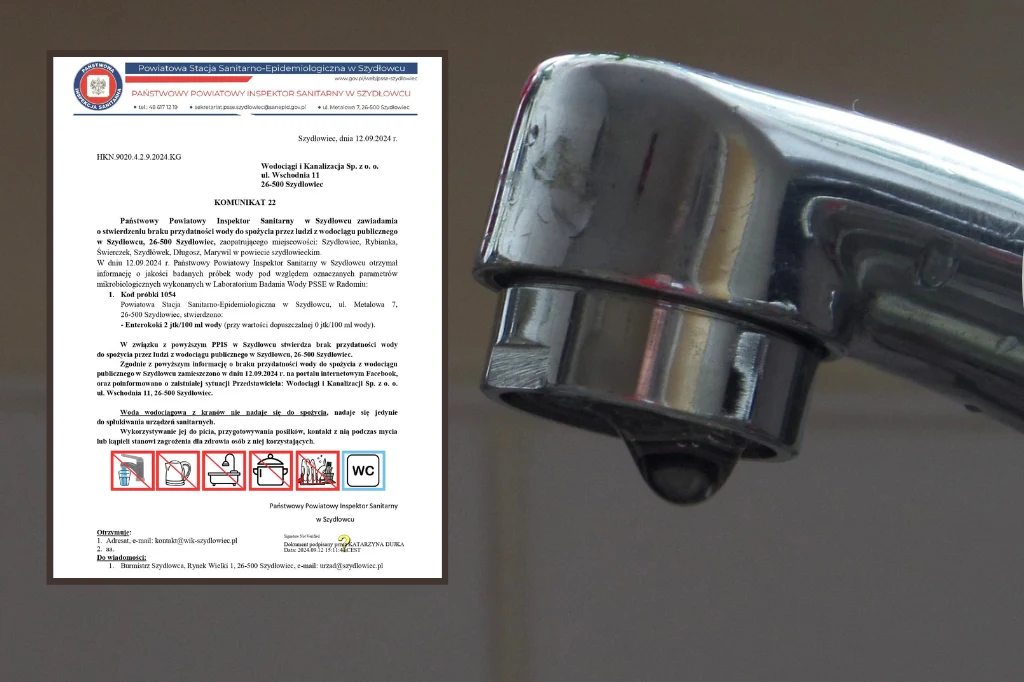 Woda w Szydłowcu niezdatna do picia. Sanepid wydał pilny komunikat Woda w Szydłowcu niezdatna do picia. Sanepid wydał pilny komunikat