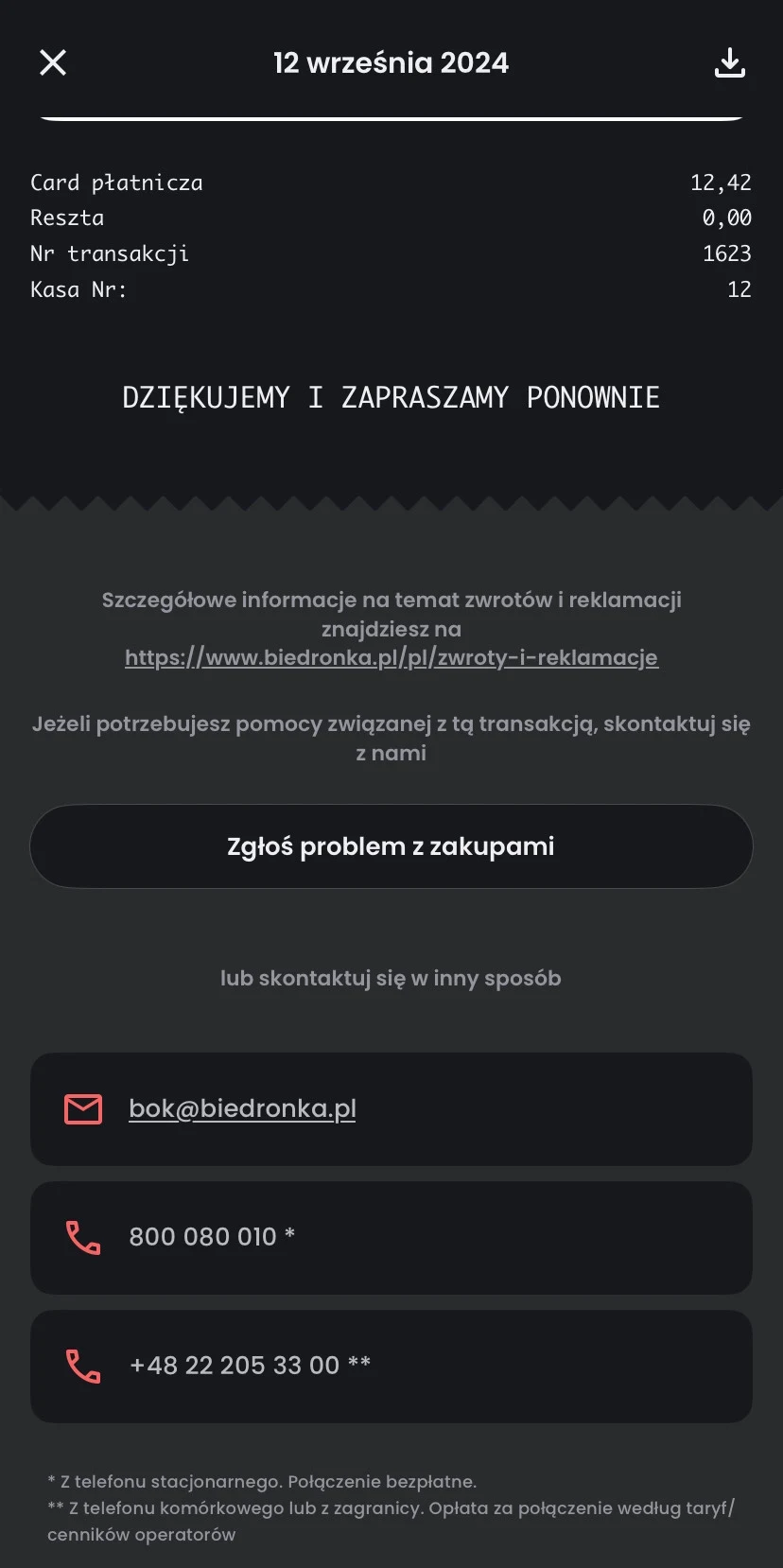 Ekran podsumowujący zakupy wraz z opcją zgłoszenia problemu z zakupami.