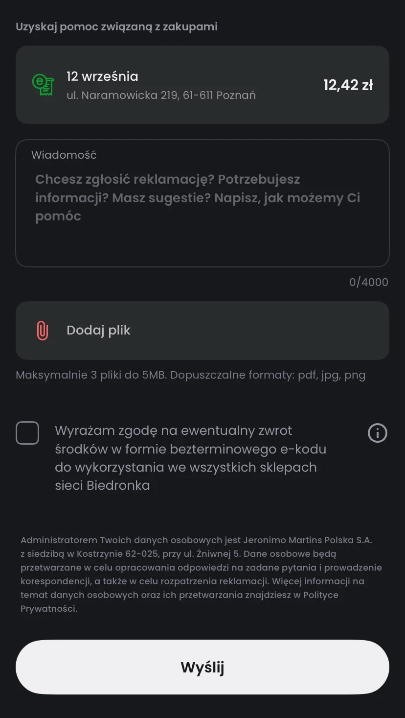 Ekran zgłaszania problemów z zakupami w aplikacji Biedronka