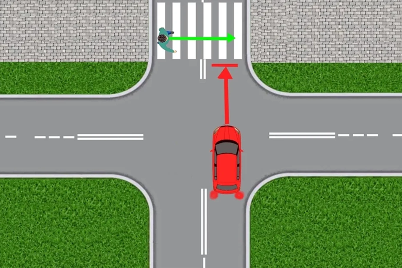 Pieszy przechodzi przez wyznaczone przejście, do którego zbliża się pojazd. Pieszy przechodzi przez wyznaczone przejście, do którego zbliża się pojazd.