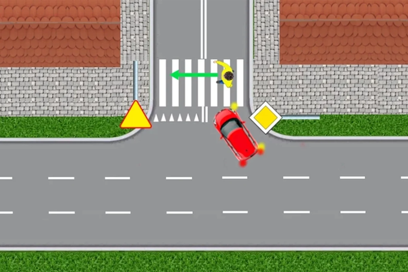 Pieszy przechodzi przez wyznaczone przejście. Samochód z drogi głównej skręca w drogę podporządkowaną. Pieszy przechodzi przez wyznaczone przejście. Samochód z drogi głównej skręca w drogę podporządkowaną.