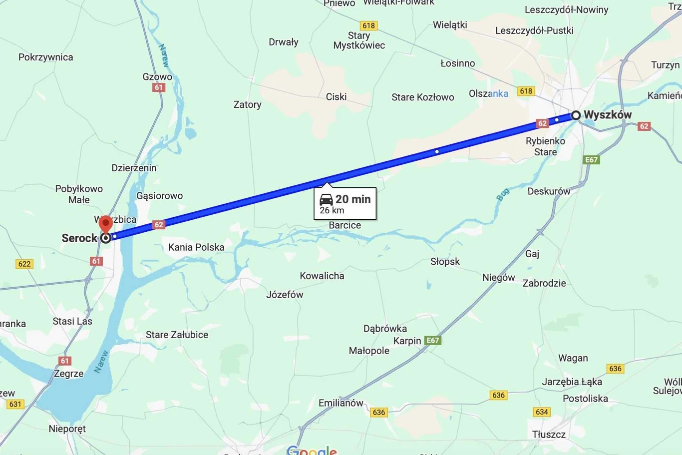 26 km bez zakrętów z Serocka do Wyszkowa / fot. Mapy Google