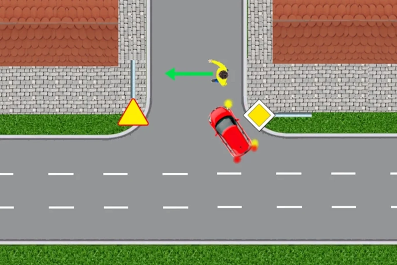 Pieszy przechodzi przez ulicę w miejscu, gdzie nie ma pasów. Samochód z głównej drogi skręca w drogę podporządkowaną. Pieszy przechodzi przez ulicę w miejscu, gdzie nie ma pasów. Samochód z głównej drogi skręca w drogę podporządkowaną.