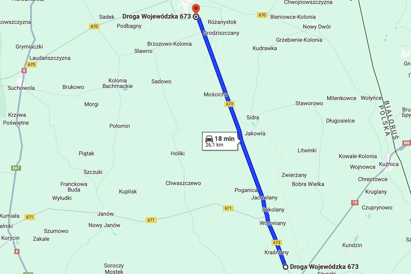 Na drodze między Sokółką a Dąbrową Białostocką są tylko łagodne łuki / fot. Mapy Google