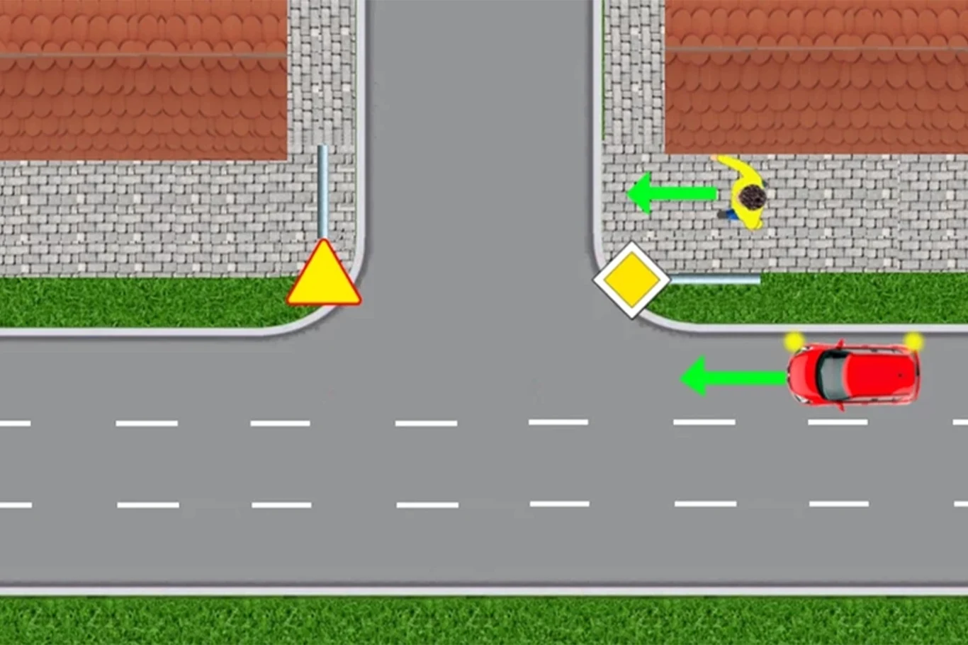 Pieszy i samochód zbliżają się do miejsca, gdzie nie jest wyznaczone przejście. Pieszy i samochód zbliżają się do miejsca, gdzie nie jest wyznaczone przejście.