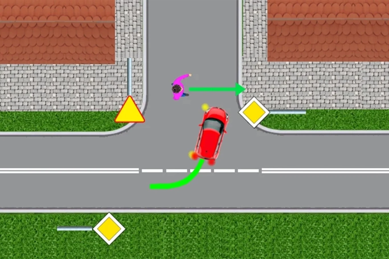 Pieszy przechodzi przez ulicę, gdzie nie ma pasów. Samochód z drogi głównej skręca w lewo. Pieszy przechodzi przez ulicę, gdzie nie ma pasów. Samochód z drogi głównej skręca w lewo.