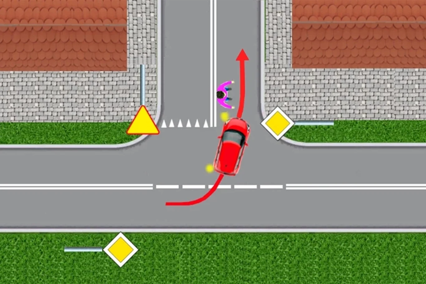 Pieszy przechodzi przez ulice, gdzie nie ma wyznaczonego przejścia. Samochód z drogi głównej skręca w lewo. Pieszy przechodzi przez ulice, gdzie nie ma wyznaczonego przejścia. Samochód z drogi głównej skręca w lewo.