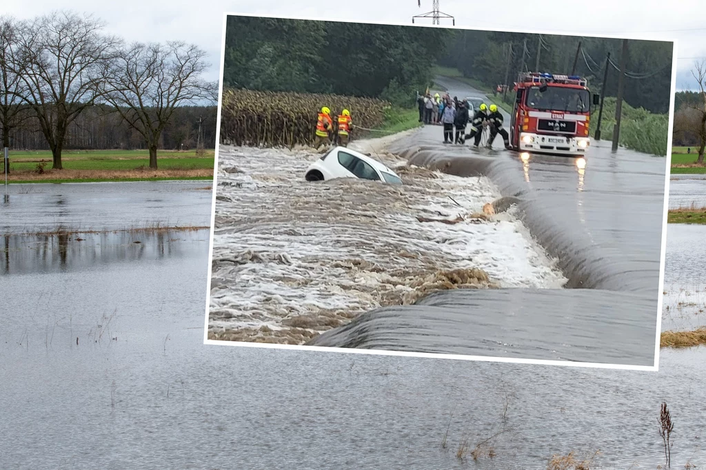 Wezbrana woda w Kałkowie porwała z drogi samochód wraz z kierującą / fot. NewsLubuski/East News / Nowiny Nyskie