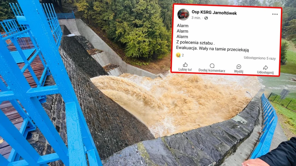 Pogoda. Jarnołtówek zagrożony. Pęknięcie na wale, przecieka tama Pogoda. Jarnołtówek zagrożony. Pęknięcie na wale, przecieka tama