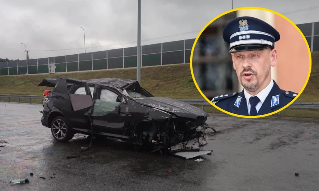 Komendant wyszedł z dachowania tylko ze stłuczonym żebrem. Wszyscy policjanci jadący BMW X5 mogą mówić o olbrzymim szczęściu / Fot: Mariusz Gierwszewski/Twitter / Tomasz Jastrzembowski/EastNews