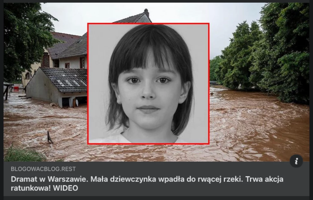 Przykładowy post oszustów z "dziewczynką porwaną przez wodę".