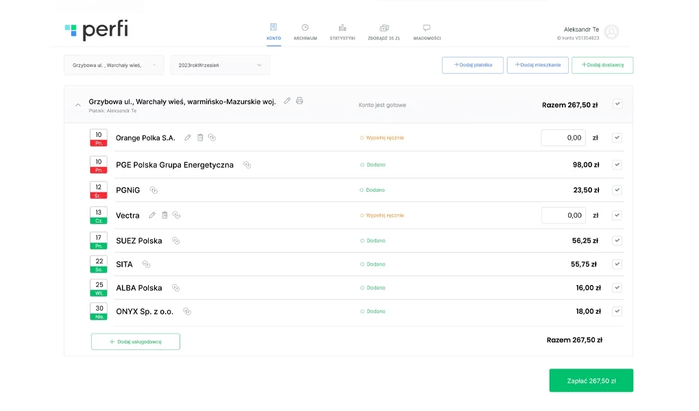 Perfi pozwala Ci dodać wszystkich Twoich dostawców usług do jednej platformy, gdzie możesz przeglądać wszystkie swoje rachunki