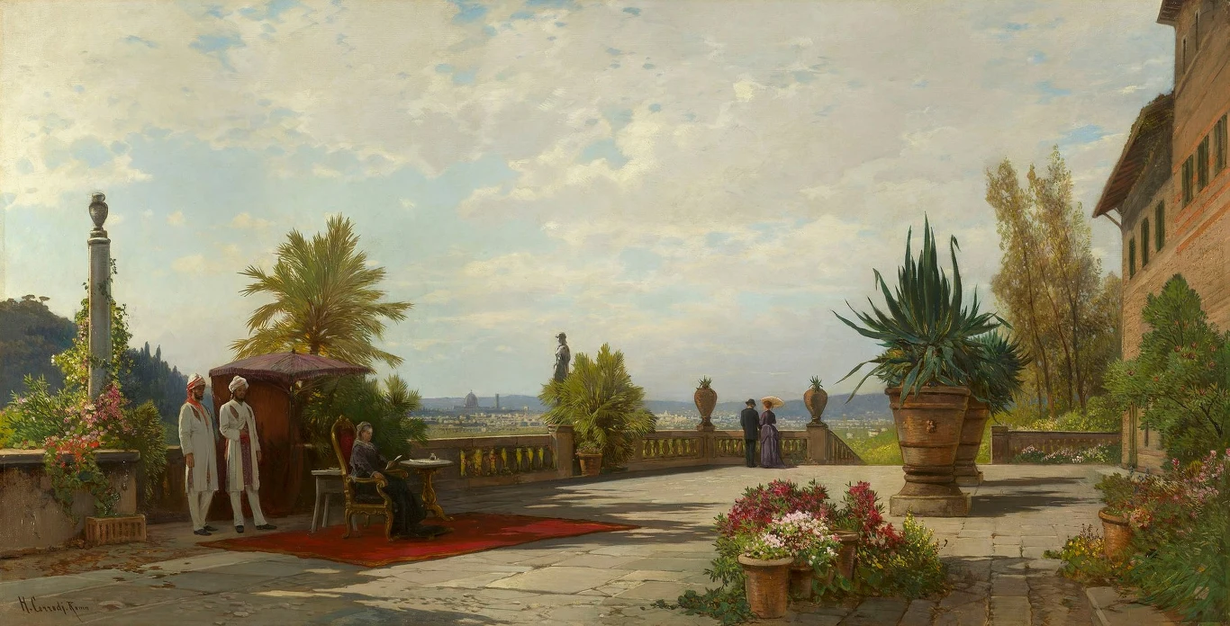 Królowa Wiktoria na tarasie willi, obraz: Hermann David Salomon Corrodi (1844–1905) Królowa Wiktoria na tarasie willi, obraz: Hermann David Salomon Corrodi (1844–1905)