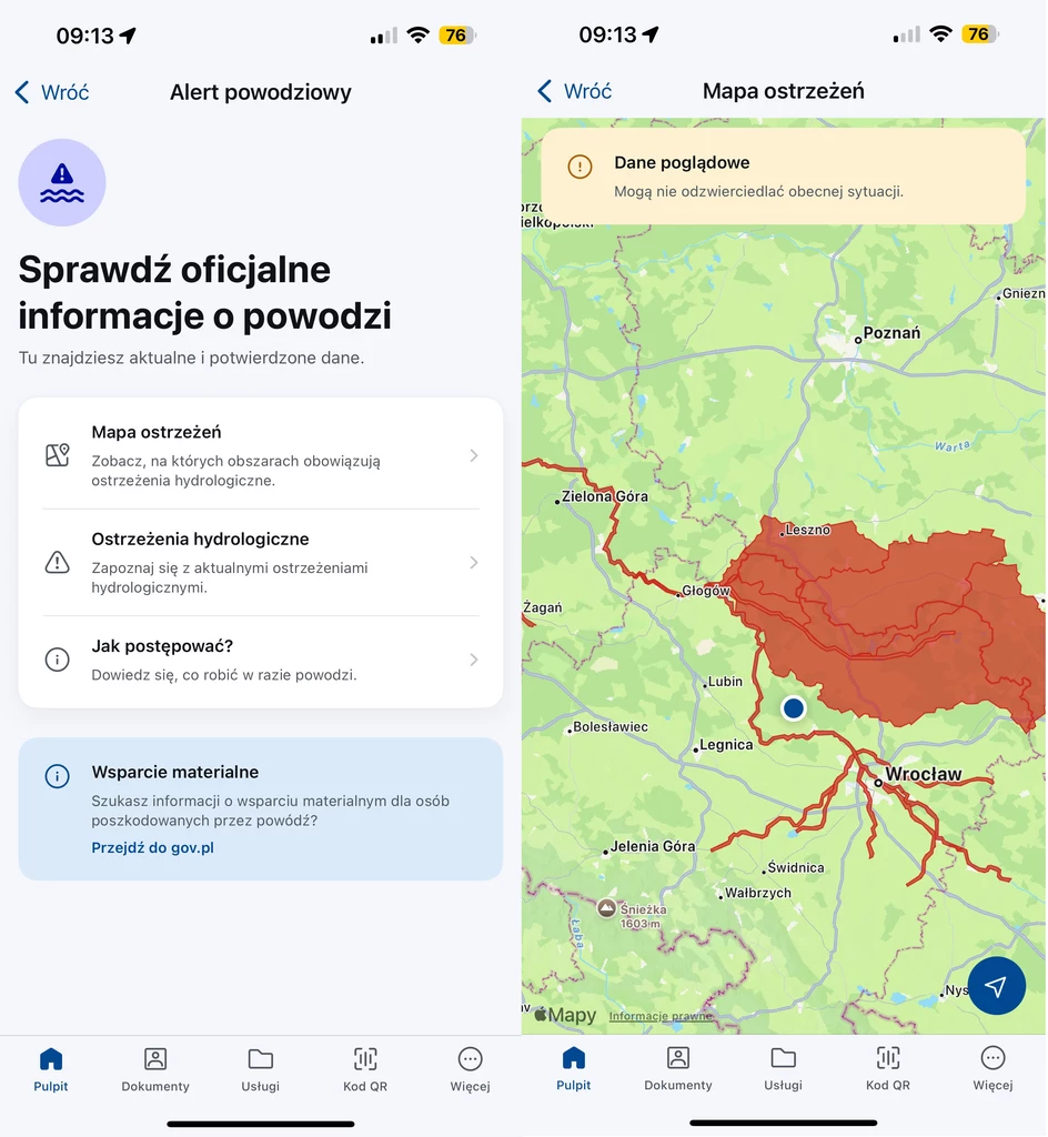 Sekcja Alert powodziowy w aplikacji mObywatel.